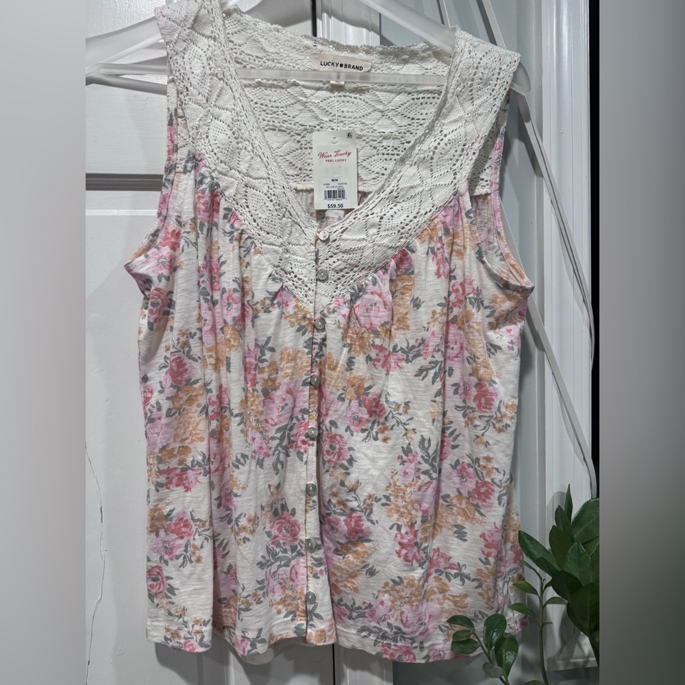 NWT Lucky Brand Crochet-Trim Floral Button-Front Camisole - Pink & Cream